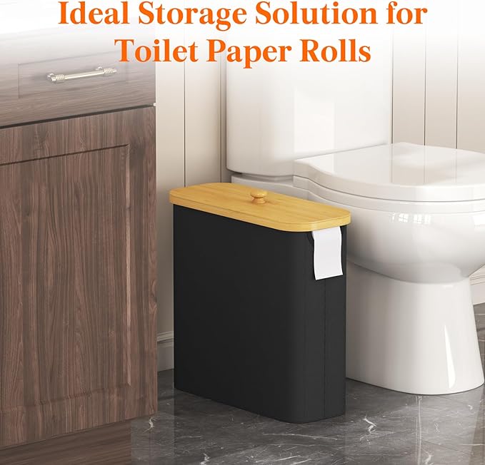 Lifewit Toilet Paper Storage Holder for 12 to 16 Rolls, Free Standing Toilet Paper Basket Stand with Bamboo Lid, Collapsible Fabric Bathroom Organizer Box for Mega Rolls, 30L, Extra Large, Black