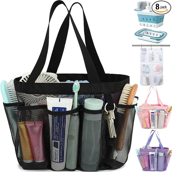 Mesh Shower Caddy Portable for College Dorm Room Essentials, 8-Pocket Large Shower Basket Tote Bag with 2 Handles for Toiletry, Bathroom, Beach, Camp, Gym | Portable, Quick-Dry, 2 Handles