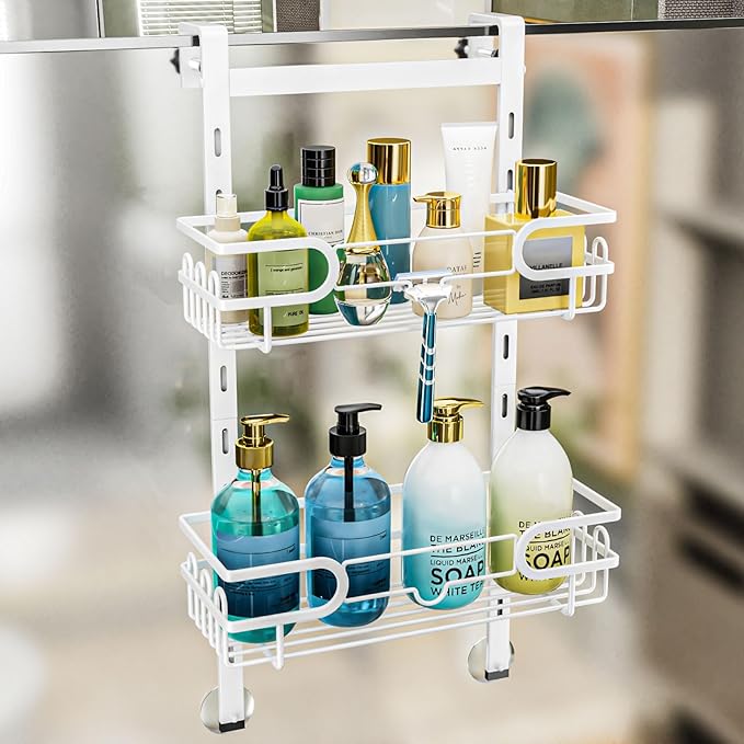 Consumest Over The Door Shower Caddy - 2 Tier Adjustable Hanging Shower Organizer Shelf with 12 Hooks, Rustproof Easy Installation Hanging Storage Rack for Bathroom, White