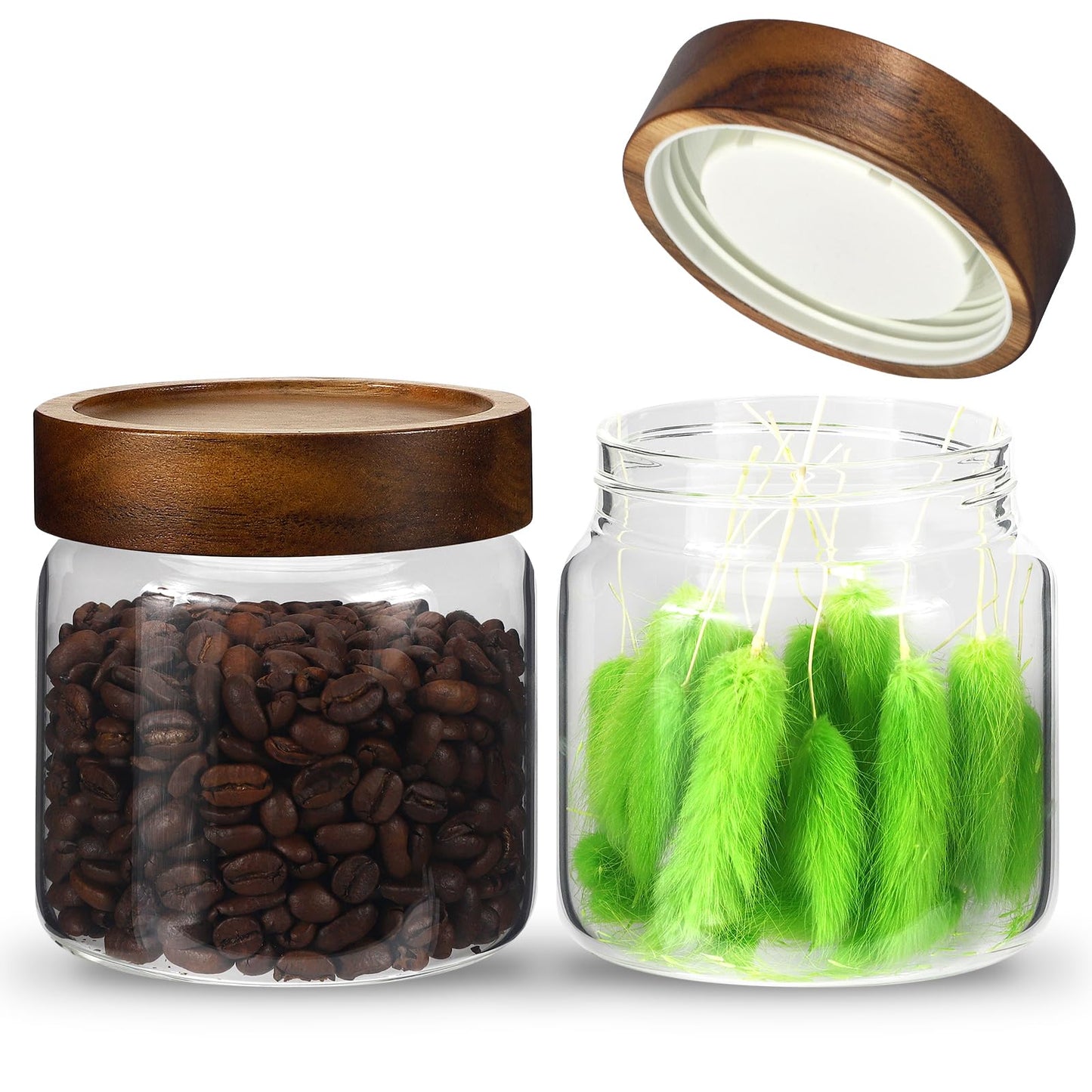 Patoper Airtight Glass Jars with Wooden Lid Glass Spice Jar Round Glass Storage Canister for Pantry Sugar Tea Coffee Bean Nuts Cookies Bath Salts (900ML*2PACK)