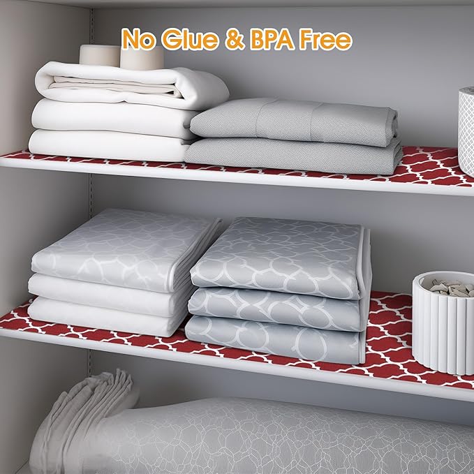 Shelf and Drawer Liner for Kitchen Cabinets Non-Adhesive, Strong Grip Non-Slip Thickened Cabinet Liners for Shelves, Waterproof Mats for Dresser Cupboard, Red/White, 12 in x 30 Feet
