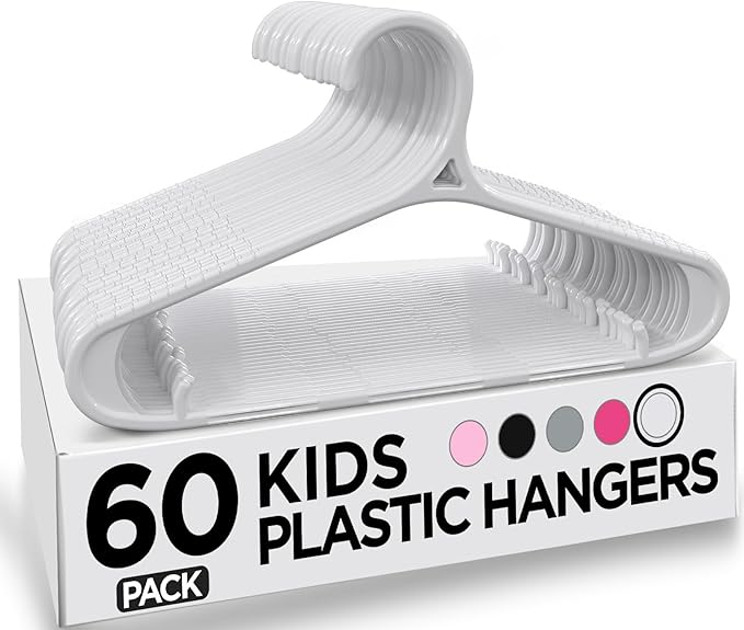 Utopia Home Kids Hangers 60 Pack - 11 Inch Plastic Baby Hangers for Closet - Childrens Hanger for Clothes & Infant Hanger for Closet - Non-Slip Shoulder Grooves, Strap Hooks & Pants Bar (White)