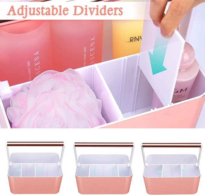 Compact Shower Caddy Dorm - Portable Bathroom Caddy Organizer with Handle and Adjustable Divider for College Dorm & Shared Bathroom, Hard Plastic Shower Basket Tote for Toiletry Drainage, Pink