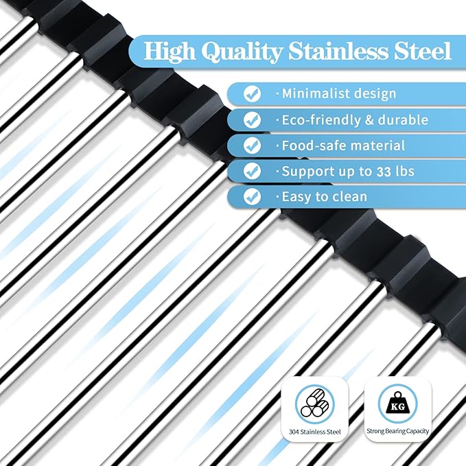 Seropy Roll Up Dish Drying Rack Over The Sink Drying Rack for Kitchen Counter, Rolling Dish Rack Over Sink Mat, Foldable Dish Drainer Stainless Steel Rack Kitchen Organization Gadgets 20.5"x11.8"