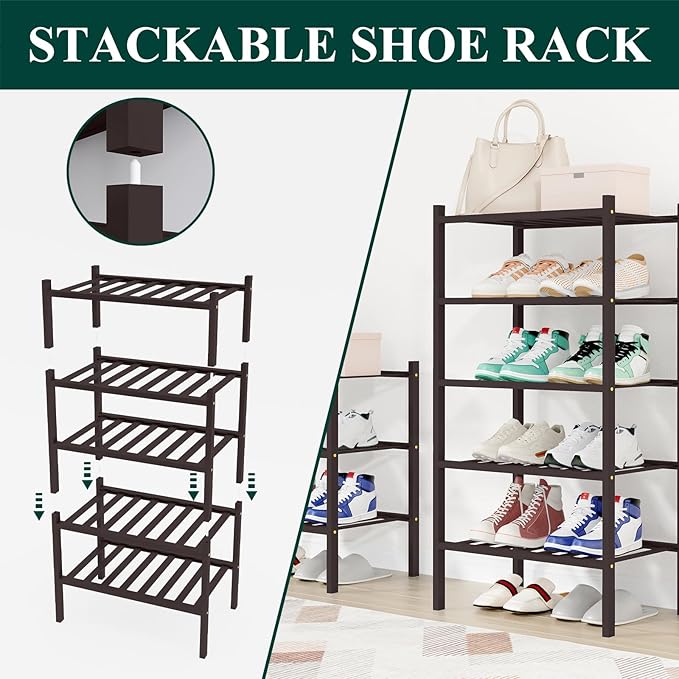 Smiry Shoe Rack, 3 Tier Small Bamboo Shoe Organizer, Stackable Free Standing Wooden Shoe Storage Shelf for Closet, Entryway, Front Door Entrance, Brown