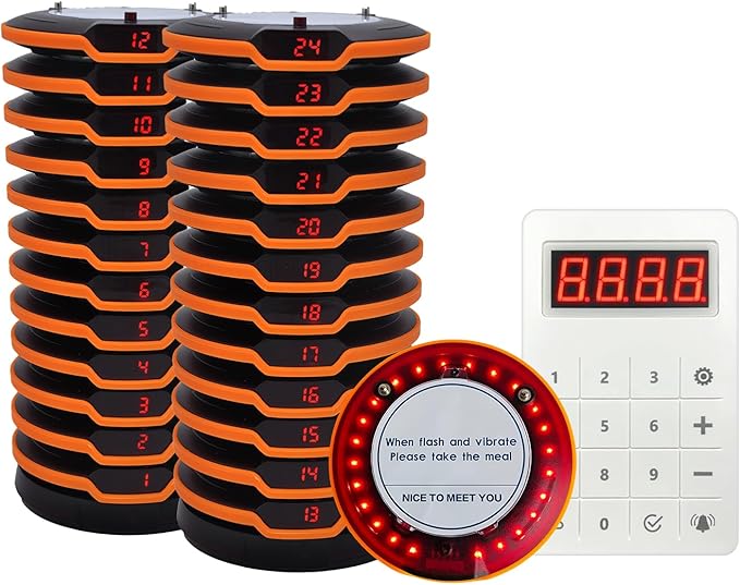 Restaurant Buzzer System, 10 Coaster Beeper Pager System with Buzzer, Customer Queue Pagers Set with Vibration, Flashing and Buzzer, for Food Truck, Church, Nursery