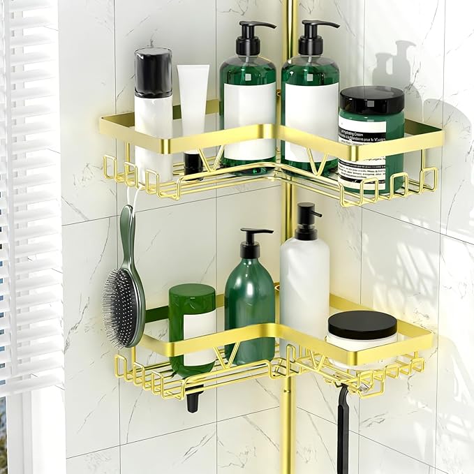 Shower Caddy Tension Pole with 2 Soap Holders, Adjustable Corner Shower Caddy, Gold Finish, Expandable 25-114.2 Inches for Bathtub Corner, Bathroom Storage Organizer