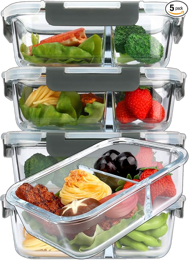 M MCIRCO 5 Pack,36 oz, 2 Compartments Glass Meal Prep Containers with Lids