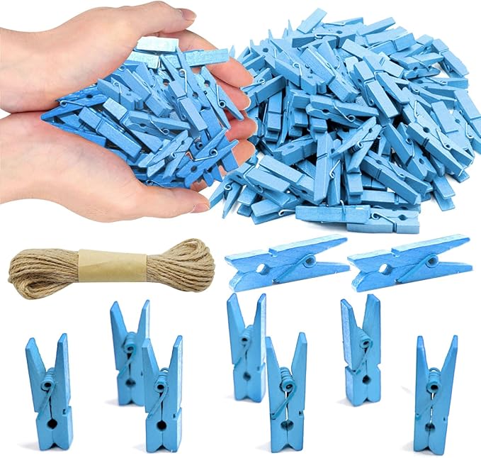 1.35 Inch Mini Clothes Pins for Photo100 Pcs with 32 Feet Jute Twine, Mini Clothes Pins for Crafts, Wooden Small Clothespins for Pictures, Tiny Decorative Clothespins for Baby Shower (Blue)