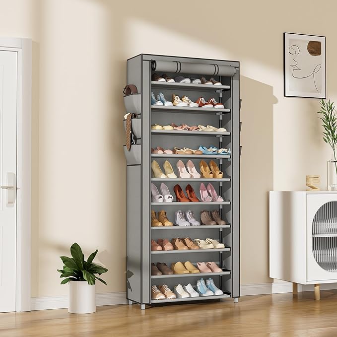 VTRIN Vertical Narrow Shoe Rack Organizer Tall Shoe Rack for Closet Entryway 10 Tier Non-Woven Cover Shoe Shelf Holds 36-41 Pairs Free Standing Shoe Storage Cabinet with Dustproof Cover, Grey