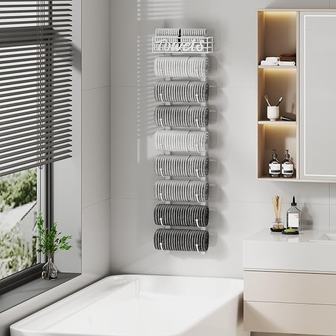 SWTYMIKI Hanging Towel Racks for Bathroom - 9 Tier Over The Door & Wall Mounted Bath Rolled Towel Storage Organizer Holder for Small Bathroom, RV, Camper, White (Patented)