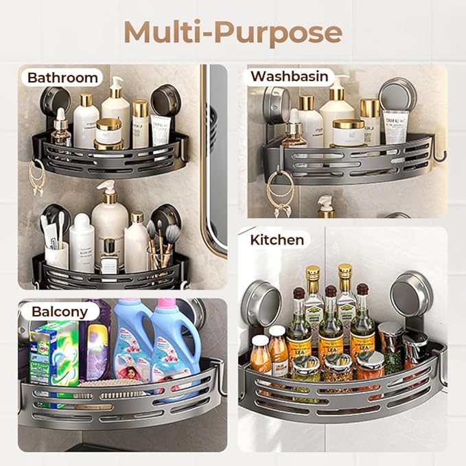 Triangle Suction Cup Corner Shelves, 2026 No Drilling Bathroom Storage Rack, Corner Shower Shelf Suction Cup Shower Caddy Corners Organizer Storage Rack Adhesive with Towel Bar (grey, Double-layer)