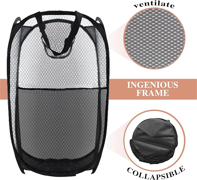 Collapsible Pop Up Laundry Hamper, Extra Large Mesh Foldable Laundry Basket Bag, 28" x 16" x 16", 2 Pack (Black)