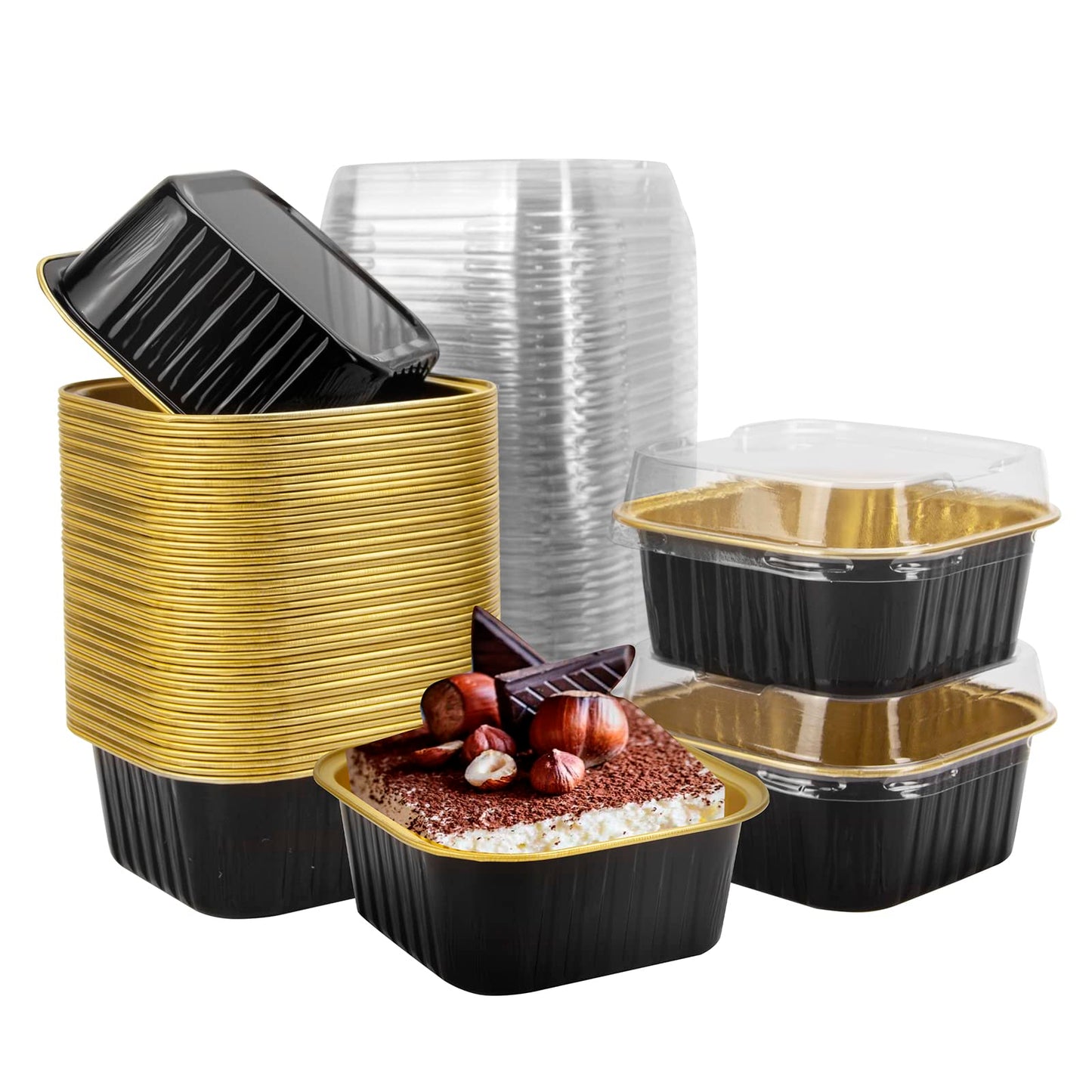 50 Pcs Mini Square Baking Cups with Lids,5oz Aluminum Foil Mini Cake Pans with Lids,Disposable Ramekins Cake Pans,150ml Dessert Cups Cupcake Pans for Wedding Birthday Party,Cowprint