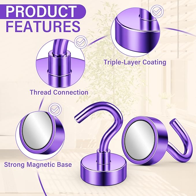 Magnetic Hooks, 25lbs Magnets with Hook, 8 Pack Magnet Hooks for Hanging, Heavy Duty Magnetic Hook for Cruise, Grill, Home, Refrigerator, Lock Accessories, Purple