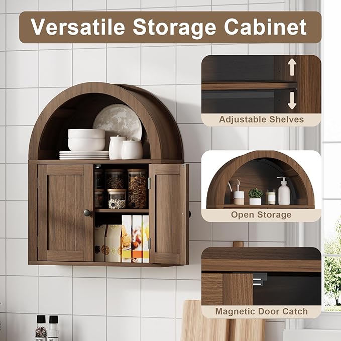 ChooChoo Arched Wall Cabinet, Bathroom Cabinet Wall Mount Over The Toilet with Display Shelf, Double Door Medicine Cabinet, Wooden Storage Cabinet for Kitchen, Living Room or Entryway, Walnut