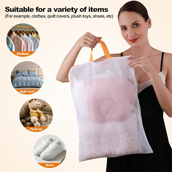 Kimmama Laundry Mesh Wash Bags, Lingerie Bags for Washing Delicates, Mesh Laundry Bags for Washing Machine, White Net, Orange Zipper, 1L & 2M