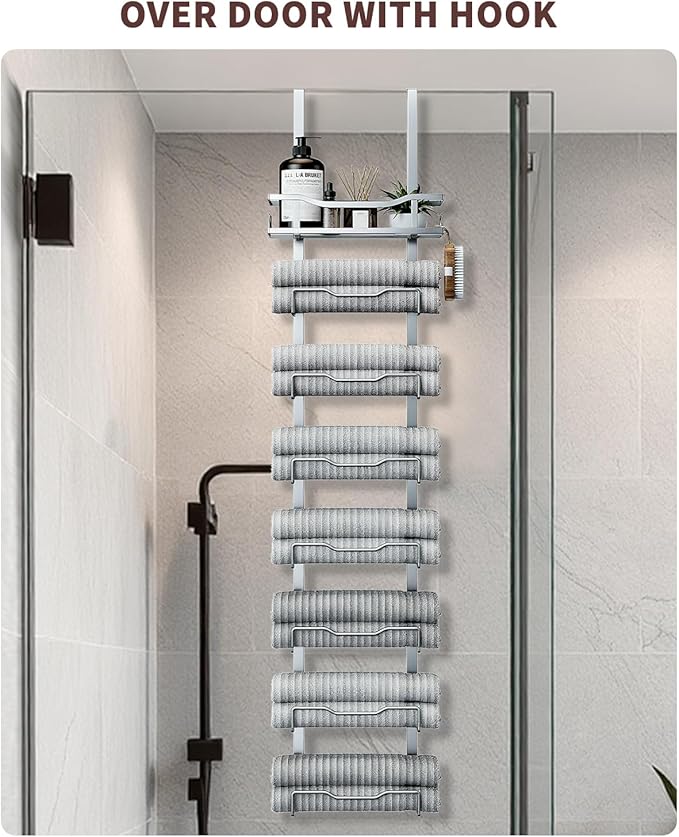 Hanging Towel Racks for Bathroom No Drill - Over The Door 8-Tier Bath Towel Storage Organizer for Small Bathrooms - Back Door Large Tiered Towel Holder Hanger for Rolled Towels RV Camper Silver