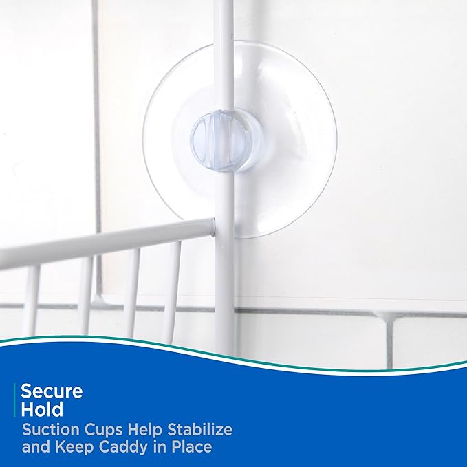 Kenney KN614121 Over the Shower Head 17" L x 10" W x 4" D Rust-Resistant Metal Wire Small 2-Shelf Hanging Caddy with Suction Cups and Razor Holders for Bathroom Shower, White