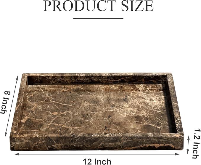 Real Natural Marble Tray for Bathroom, Genuine Marble Stone Vanity Tray, Luxury Storage Trays for Kitchen, Vanity, Home Decor, Dresser, Non-Resin/Non-Ceramic, 12"x 8"x 1.2", Dark Brown
