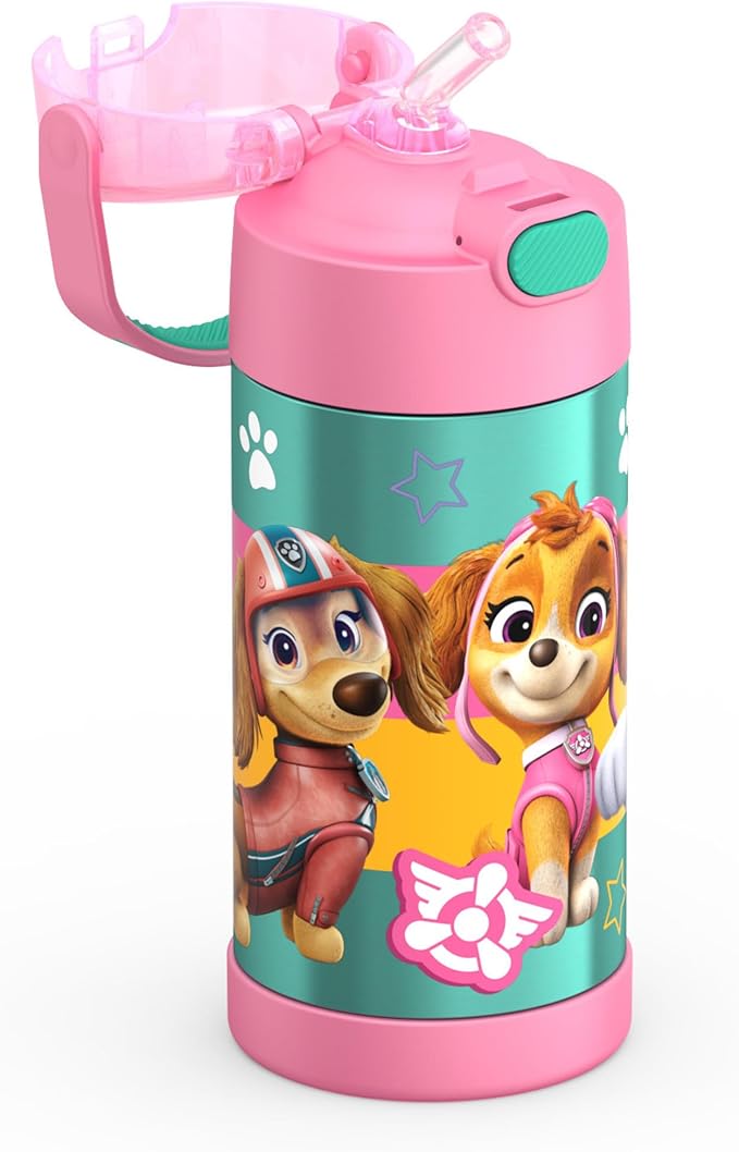 THERMOS FUNTAINER Water Bottle with Straw - 12 Ounce - Kids Stainless Steel Vacuum Insulated Water Bottle with Lid, Paw Patrol Girl
