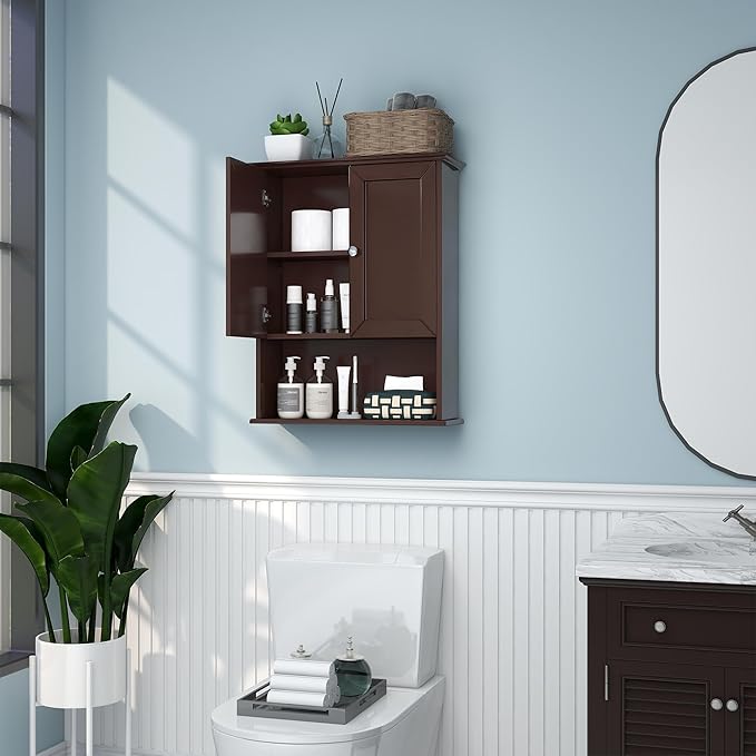 Bathroom Wall Cabinet Expresso Over Toilet Storage - 24x30 in Above Toilet Wood Medicine Cabinet with Adjustable Shelf & 2 Door Mounted Wall Cabinet