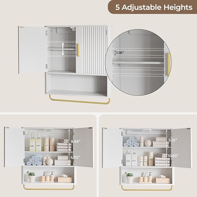 Bathroom Cabinet Wall Mount with Fluted Door Panel & Adjustable Shelf, Medicine Cabinet with Open Partition and Towel Bar, Wall Storage Cabinet for Laundry Room & Kitchen (White)