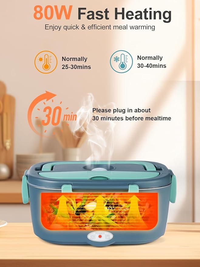 Electric-Lunch-Box-Heated-Food Warmer, 80W Heating Lunchbox for Adults, 2 Pack 1.5L Stainless Steel Containers, 12/24/110V Portable Warmer for Work/Car Lonchera Eléctrica Portátil (Green)