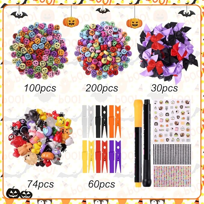 JOICEE 60 Set Halloween Cheer Pins Spirit Clips, 60 Colored Clothes Pins 115 Mini Resin Figures Ornaments Bows and Stickers pens 300 Beads for Halloween Trick or Treat DIY Crafts Gifts Party Favors