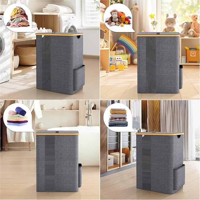 BlissTotes Laundry Basket with Lid, 80L Clothes Laundry Hamper with Handles and Removable Laundry Bag, Breathable Design Hamper with Lid for Bedroom, Bathroom, Dorm, Laundry Room - Light Grey