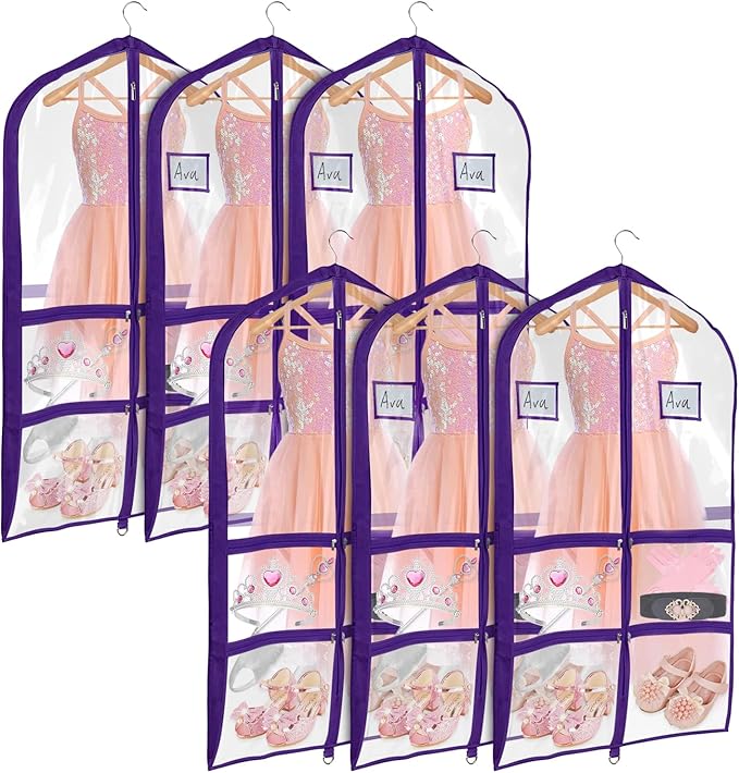 Univivi Clear Purple PVC Dance Costume Bags Garment Bag 40 Inch for Dance Competitions, with 4 Medium Clear Zipper Pockets and 1 Large Back Zippered Pocket [Upgraded Version] (40'' x 24'' 6 Pack)