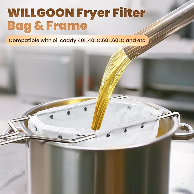 3 Pcs Deep Fryer Filter Bag & Frame Set, Reusable Oil Strainer Compatible with 40L/60L Deep Fryers, Fine Mesh to Capture Crumbs, Durable for Home & Commercial Use, with 1 Professional Food Thermometer