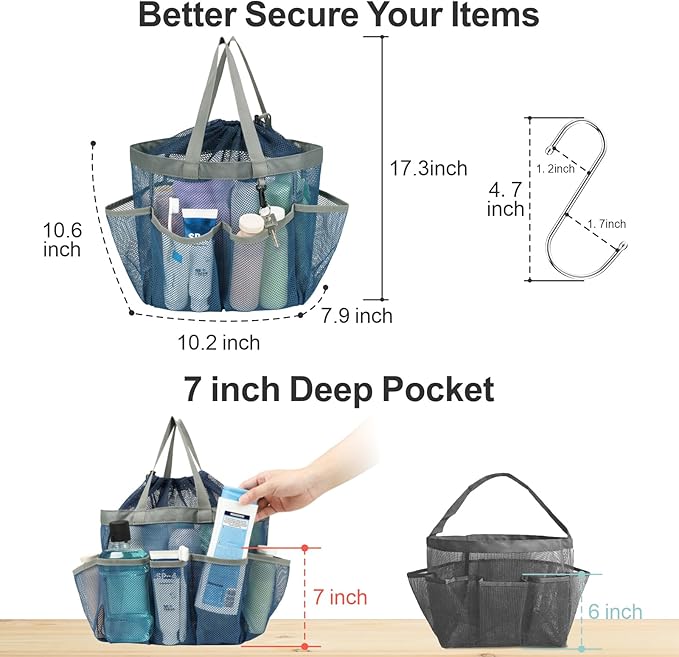 F-color Mesh Shower Caddy Portable with Drawstring - Large 8 Pockets Dorm Room Essentials for Guys Girls with S Hook, Shower Bag Basket Tote for College Camping Gym Travel Toiletry Bathroom, Blue