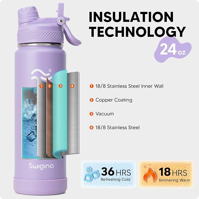 [2-IN-1 LID] Insulated Water Bottle with Silicone Boot (36hrs Cold/18hrs Hot) - DIY Stickers, Leakproof, BPA Free, 24 oz