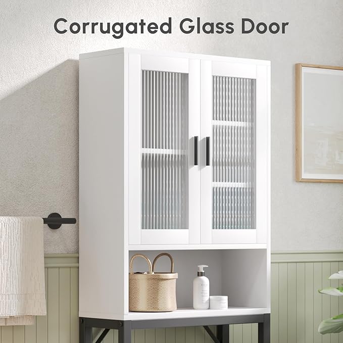 USHOWER Over The Toilet Storage Cabinet, Bathroom Organizer with Tempered Glass Doors, Thicken Metal Stand & MDF Wood, Freestanding Space Saver, White