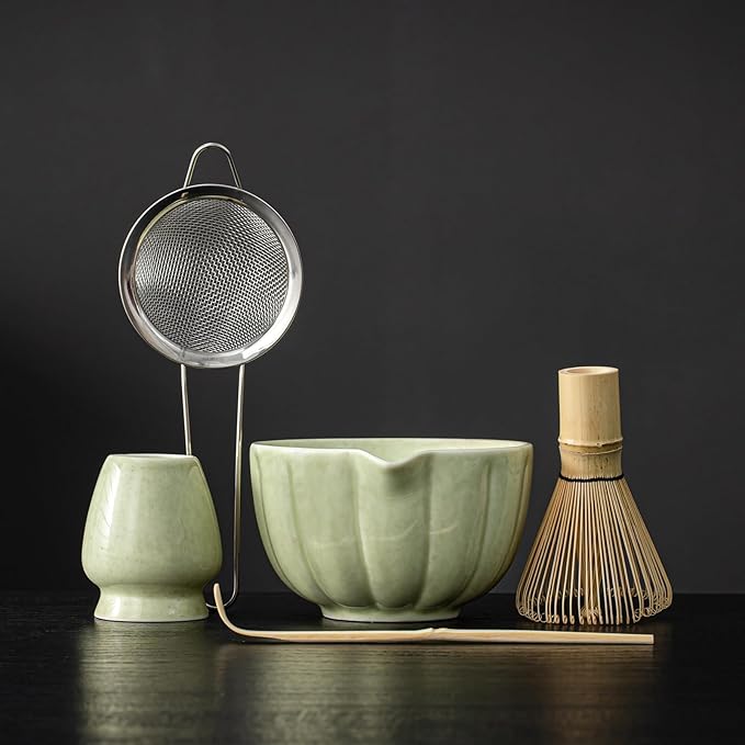 SFTXEY Matcha Whisk Set, Matcha Set Includes Ceramic Matcha Bowl, Bamboo Whisk, Scoop, Chasen Holder, Sifter, 5 Pcs Perfect Matcha Kit for Matcha Lover (Mottled Green)