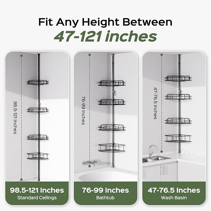 HAMITOR Shower Caddy Tension Pole: 4-Tier Rustproof Bathroom Corner Shelf Organizer for Renters - No Drill Large Shampoo Storage Rack - Adjustable 47-121 Inch - Space Saving Bathtub Accessory - Black