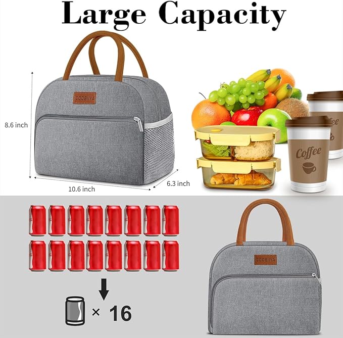 Coobiiya Lunch Bag Lunch Box for Women Men,Small Leakproof Cute Lunch Tote Large Capacity Reusable Insulated Cooler Lunch Container for Work/Office/Picnic/Beach，Grey