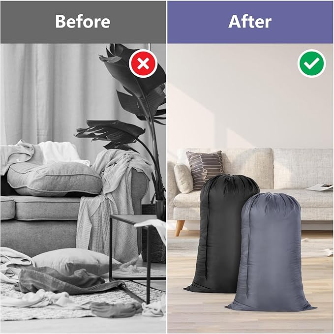 OTraki Laundry Bag 28x45 Inch Heavy Duty Laundry Wash Bag 2 Pack Large Laundry Basket Liner Bags Hamper Bag Dirty Clothes Organizer with Drawstring Closure Drying Do Not Exceed 176℉(Grey&Black)