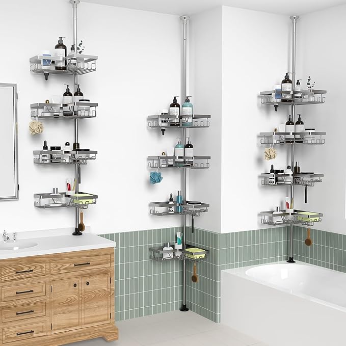 KEGII Corner Shower Caddy Tension Pole with Soap Dish & Razor Holder, Adjustable Bathroom Organizer with Hooks, 25-114.2 Inch Rustproof Storage Shelf for Renters & Apartments, Gunmetal Gray