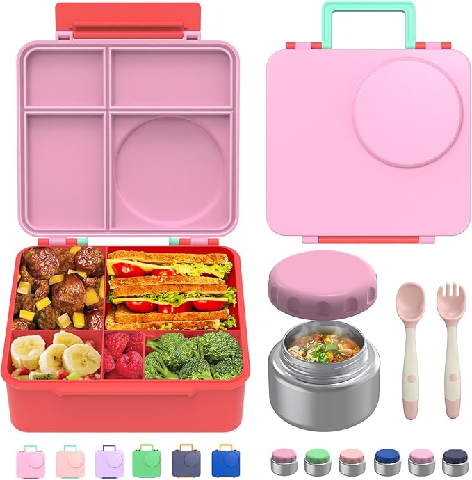 JoyYum Bento Box for Kids - Leak-Proof Bento Lunch Box with Insulated Thermo Food Jar - 4 Compartments, 1 Removable Divider, 1 Spoon, 1 Fork - Dishwasher Safe, BPA-Free (Light pink)