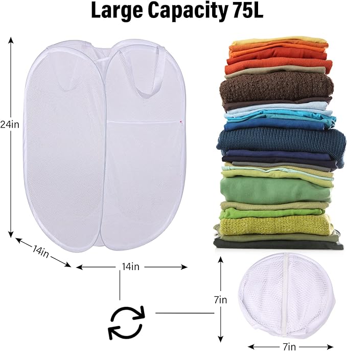 BATTOO Deluxe Strong Mesh Pop up Laundry Hamper Basket with Side Pocket Foldable Hamper for Laundry Room, Bathroom, Kids Room, College Dorm or Travel Grey + White