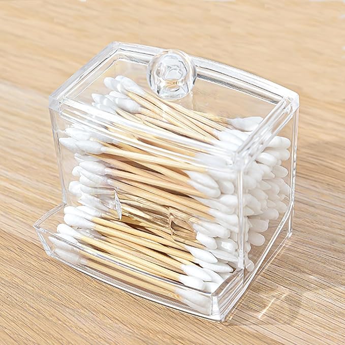 10oz Cotton Swab Dispenser with Lid, Clear Plastic Swab Holder for Bathroom Vanity Countertop Storage, Durable PS Canister with U-Slot for 3 Inch Cotton Buds, Compact Swab Organizer
