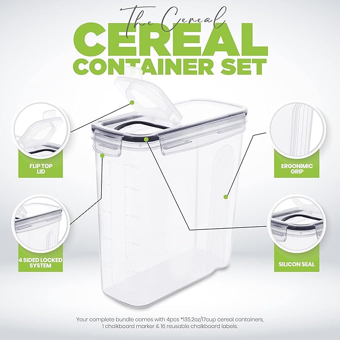 Utopia Kitchen Cereal Containers Storage Set – 3 Pack 4L(135.2 oz) Airtight Food Storage Containers with Lids, BPA-Free Cereal Dispensers for Pantry Organization and Storage (Clear)