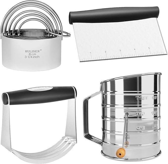 HULISEN 5-Pc Biscuit Cutter Set with Handle, Pastry Scraper, Dough Blender