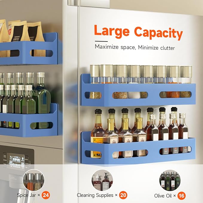 4 Pack Strong Magnetic Spice Rack for Refrigerator, Multipurpose Magnetic Shelf for Fridge with 4 Hooks for kitchen and Bathroom Organization, Blue