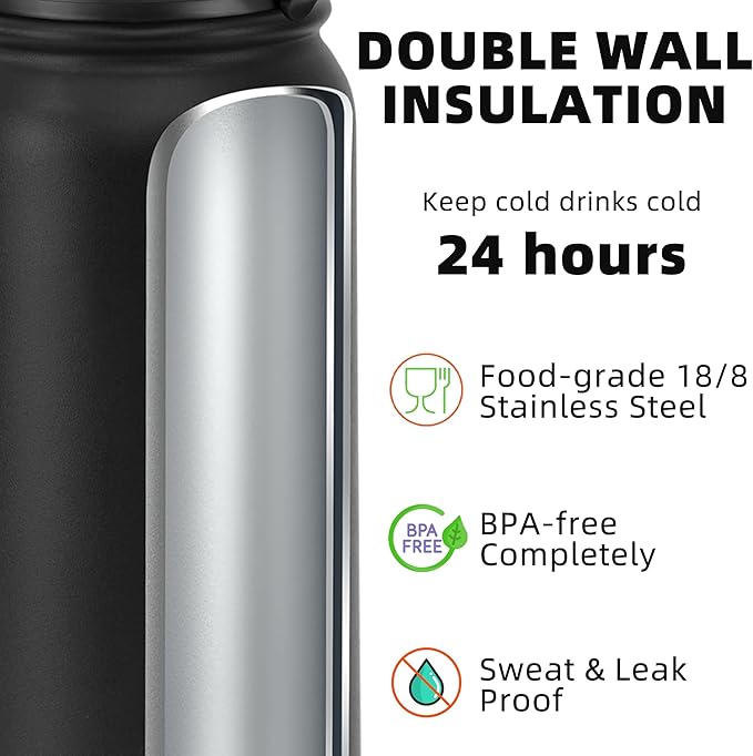 Fanhaw 24 oz Insulated Stainless Steel Water Bottle with Anti-Dust Chug Lid, Leakproof Vacuum Metal Bottle for Kids, Women & Men (Black)