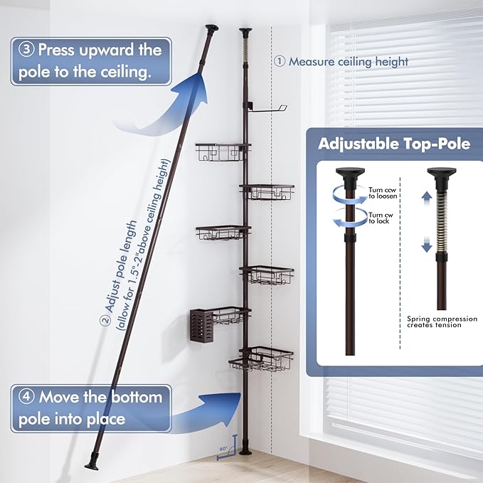Corner Shower Caddy Tension Pole,Adjustable 30-120 Inch Bathroom Organizer Storage,Rustproof 6-Tier Shower Corner Shelves,Towel Rack, Toothbrush Holder, Soap Dish Organizers