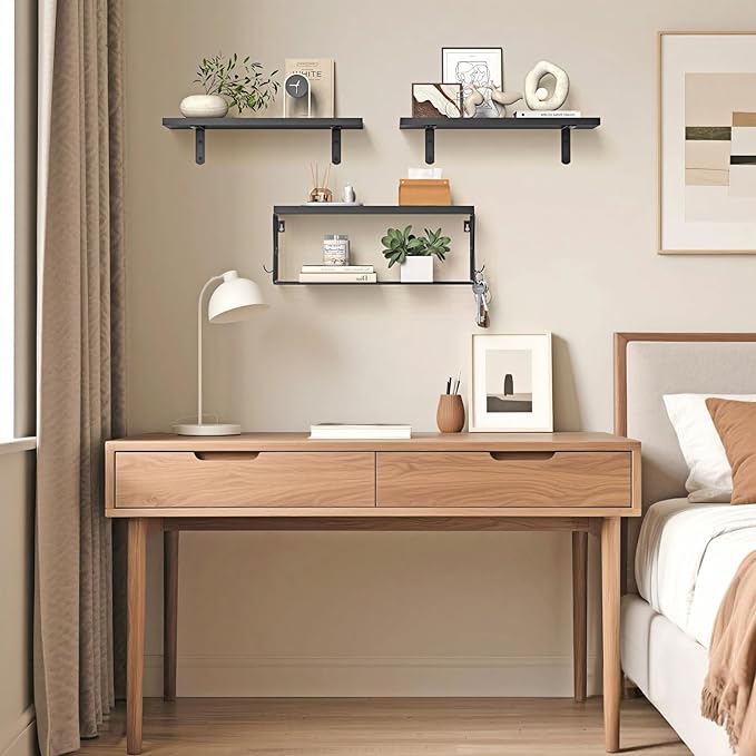 Floating Bathroom Shelves Wall Mounted - Wooden Shelf Set of 3 for Over Toilet Storage & Modern Bathroom Decor - Perfect Wall Shelving Organizer for Apartments RVs Powder Rooms Restroom - Black