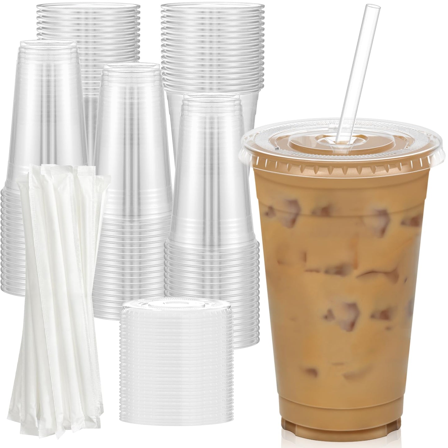 Dealusy 100 Pack - 20 oz Clear Plastic Cups with Lids and Straws